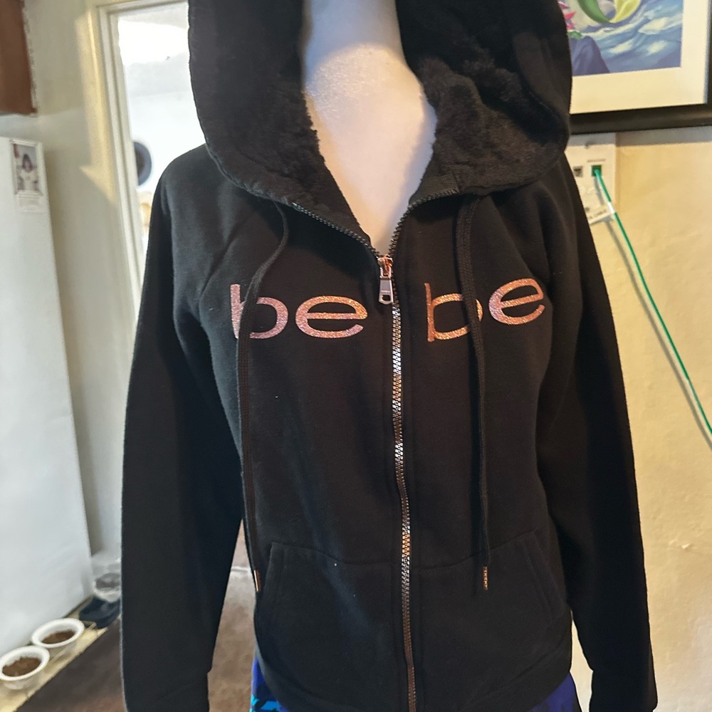 bebe Black Hooded Zip-Up Jacwith Faux Fur Lining